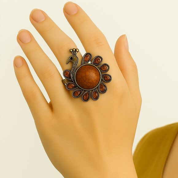 Vintage Peacock Ring – Brown Gemstones & Center Stone – Adjustable Women Jewelry - Picture 1 of 10